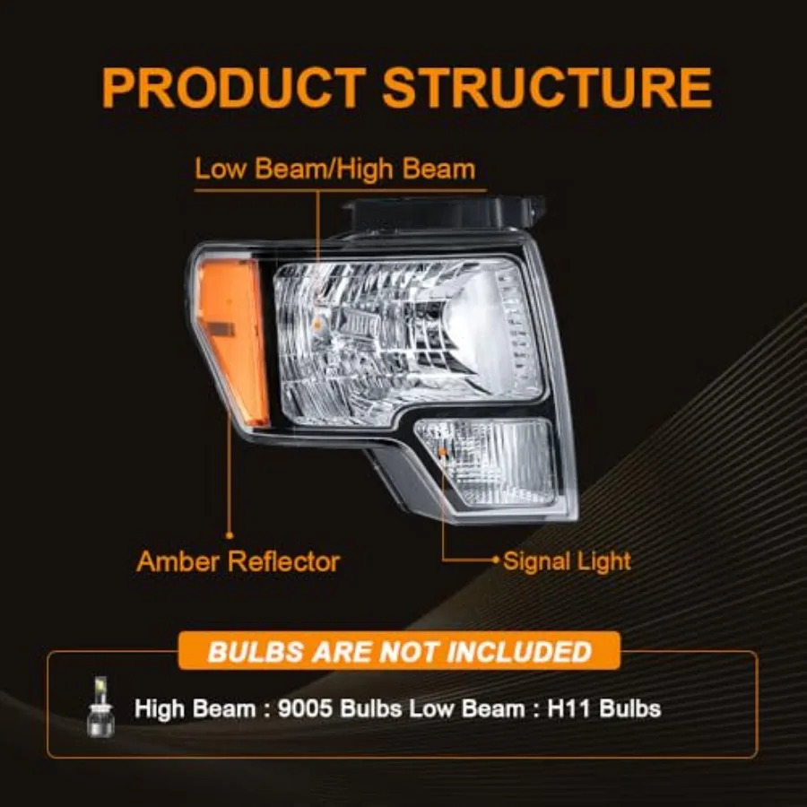 مجموعة المصابيح الأمامية مجموعة المصابيح الأمامية المتوافقة مع 20092014 F150 استبدال المصابيح الأمامية الكروم الإسكان العنبر عاكس لتعزيز
