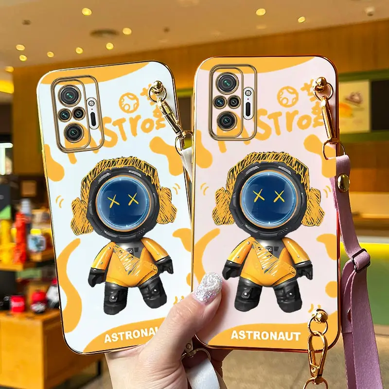 Astronaut Overalls Lanyard Plating Phone Case For Xiaomi Redmi Note 10Pro 10T 10S 10 11T 11EPro 12S 11 11TPro 12Pro 12 11S Cover