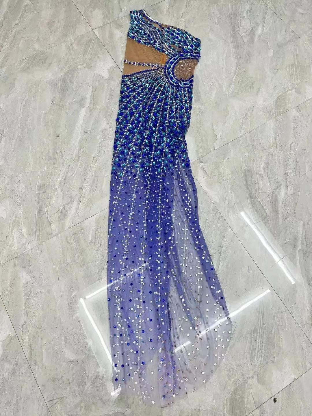 Sexy Stage Flashing Blue Silver Rhinestones Birthday Celebrate Transparent See Through Dress Mesh Costume Photoshoot Outfit
