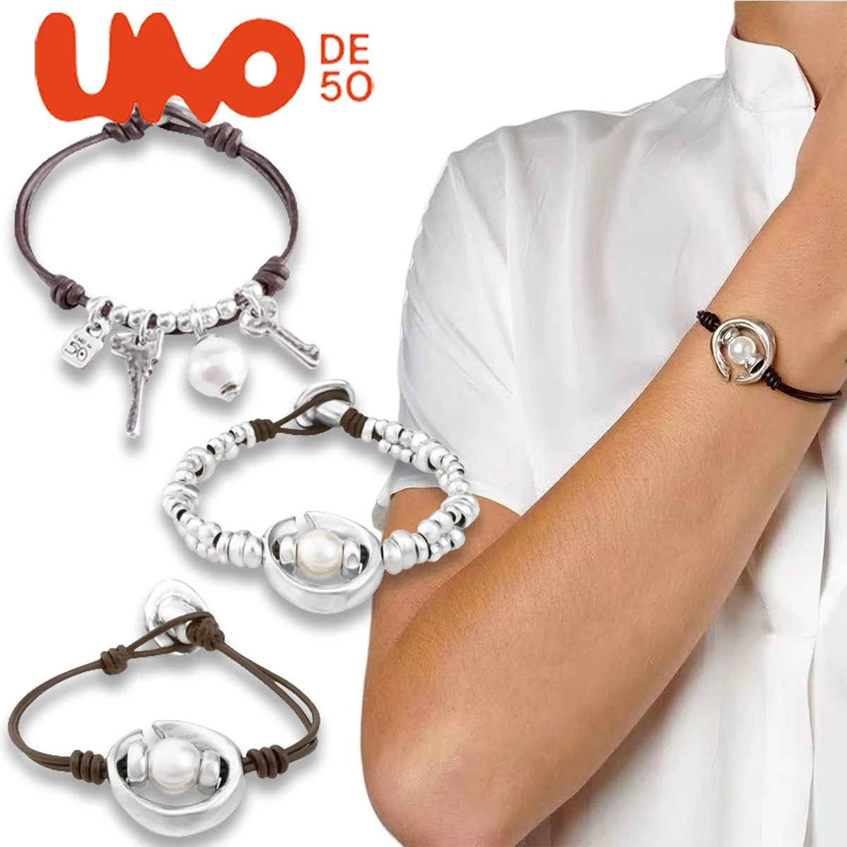 

UNODE50 Bracelet Key, Pearl, Cowhide Rope, Bracelet, European and American Style, Popular Ins