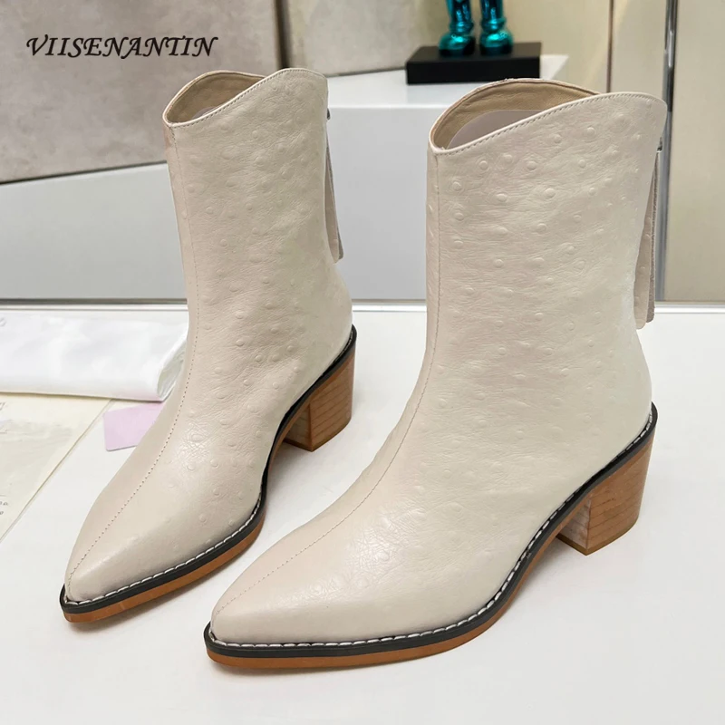 

Autumn Winter Western Boots for Women Embossed Leather Pointed Toe Chunky Heels Simple All Match Knight Short Boots Female Mujer