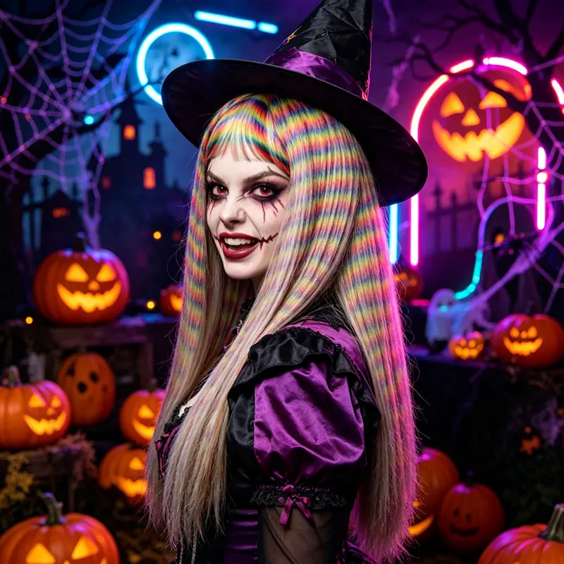 Rainbow Stripe Ombre Wig Long Straight Hair with Bangs Colorful Hippie Women Cosplay Carnival Halloween Party Music Festival Wig