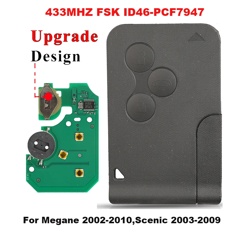 

jingyuqin New Remote Car Key 433Mhz ID46 PCF7947 Chip For Renault Megane 2 3 Scenic Clio 2003-2008 Upgrade Design Emergency Card