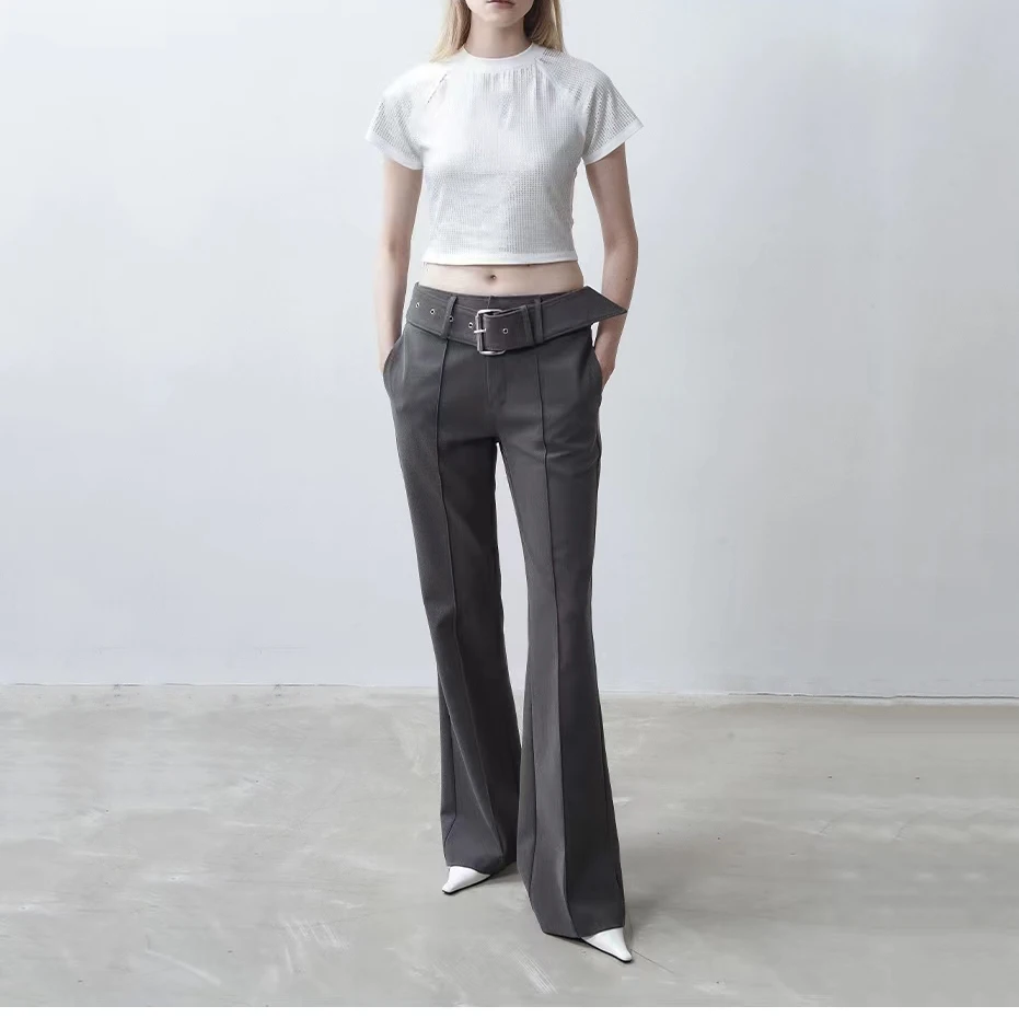 

2023 early autumn casual lazy long-leg pants, detachable wide belt trousers, women's black and white mopping flared pants