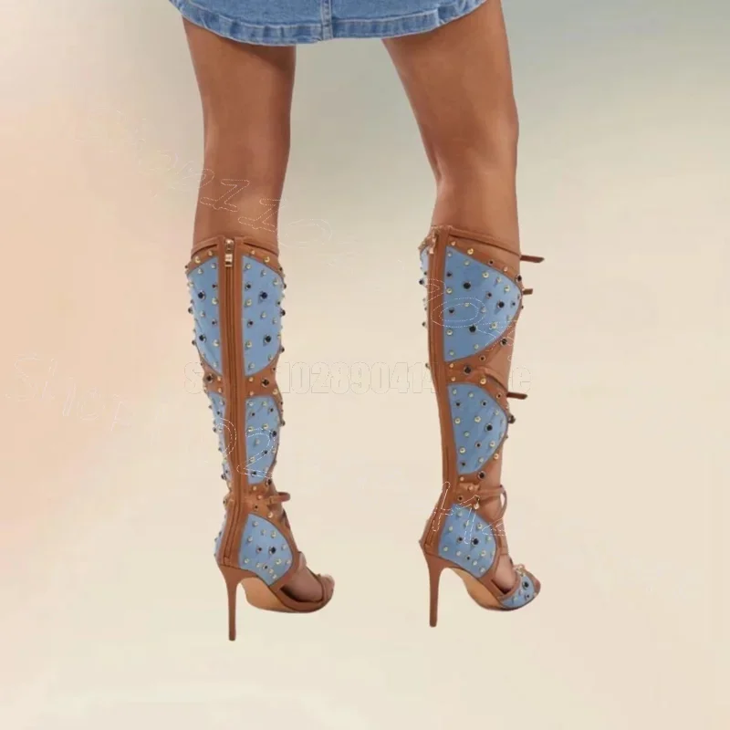 Geometrical Denim Rivets Design Buckle Boots Back Zipper Women Shoes Thin High Heels Party Feast Dating 2026 Zapatos Para Mujere