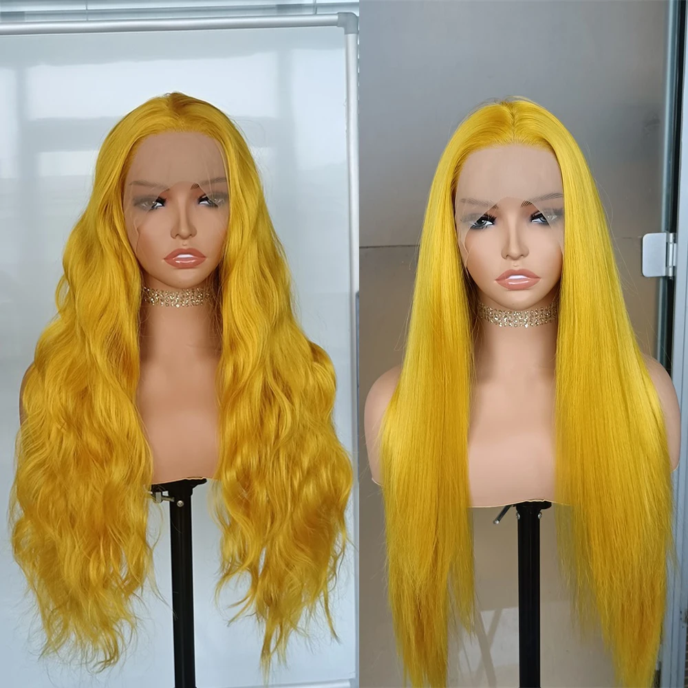 

FANXITON Yellow Long Body Wave Synthetic Lace Front Wig Heat Resistant Fiber Hair Synthetic Wig Lace Front Cosplay Daily Use Wig