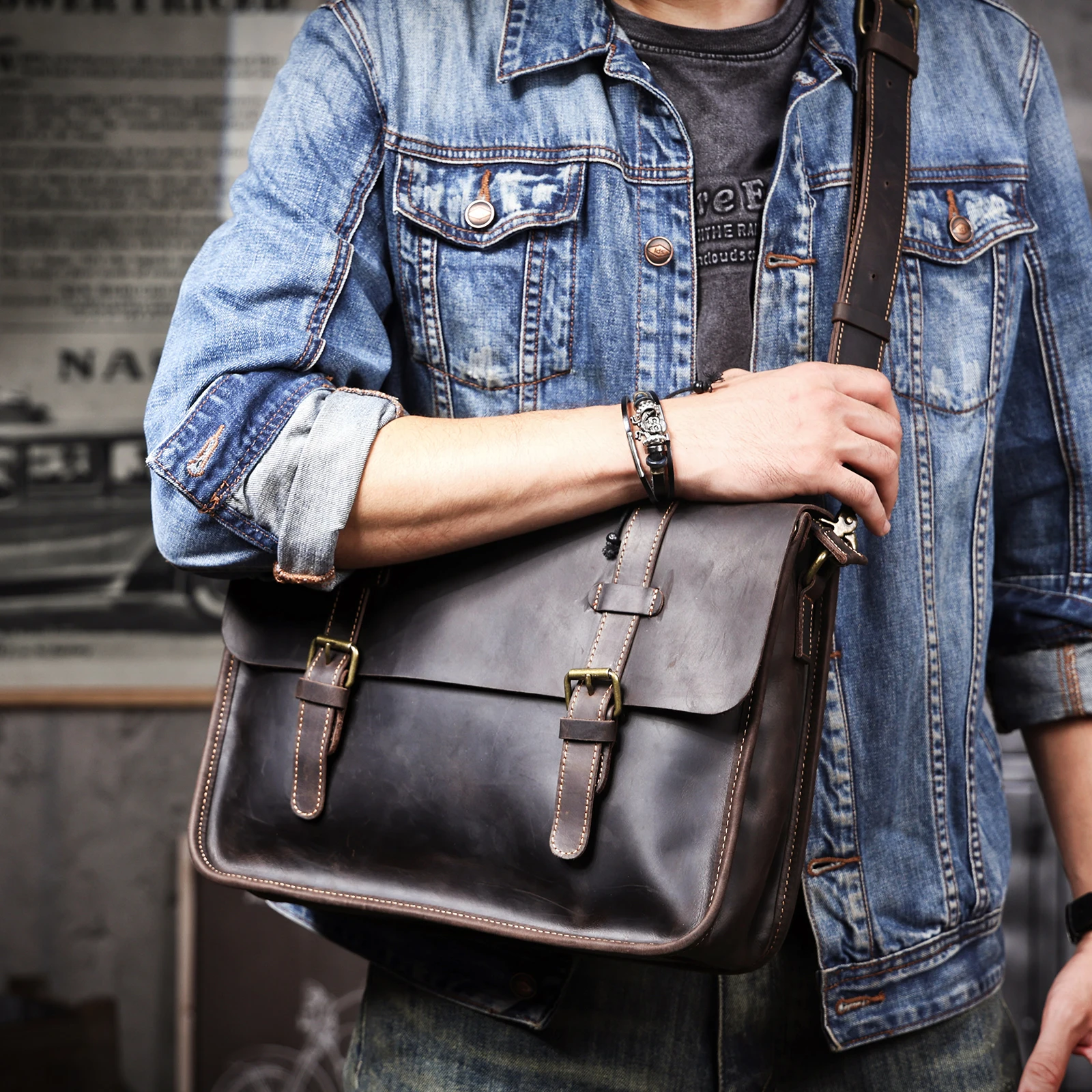 Vintage handgefertigte Aktentasche aus Crazy-Horse-Leder für Herren, echte Leder-Umhängetasche, Dual-Use-Laptop-Rucksack – Detail 5