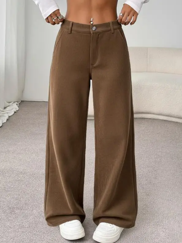 

2025 Autumn New Women's Fashion Wide Leg Casual Straight Leg Pants Classic Brown Light Core Velvet Pants Women's Wear