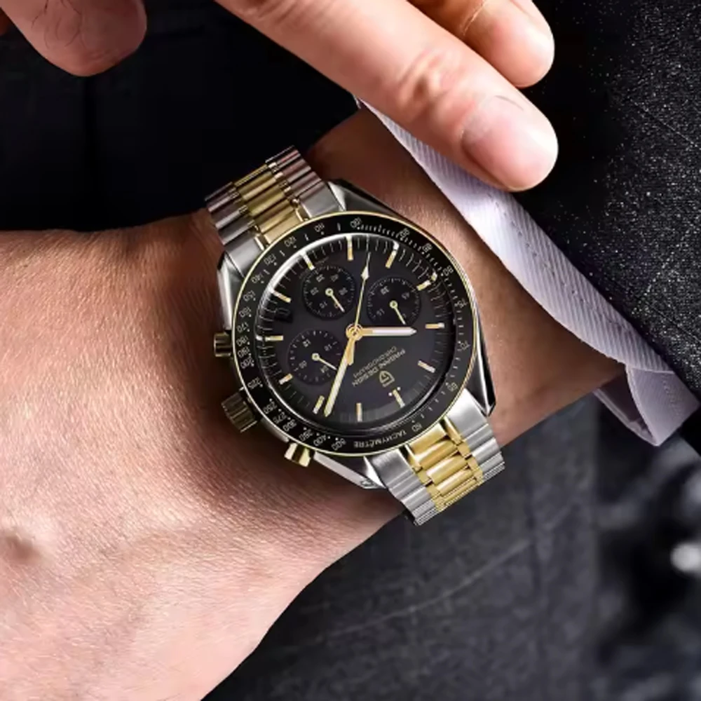 PAGANI DESIGN 2025 montre pour hommes or et argent lune montres à Quartz de luxe hommes sport chronographe saphir miroir acier inoxydable