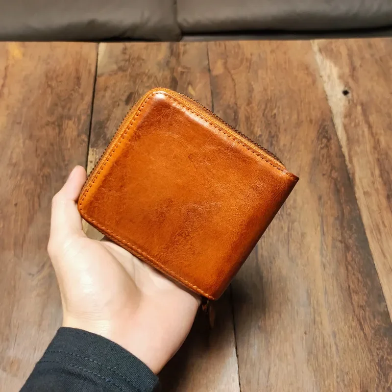 Vegetable Tanned Leather Retro Short Men's Handmade Leather Zipper Wallet