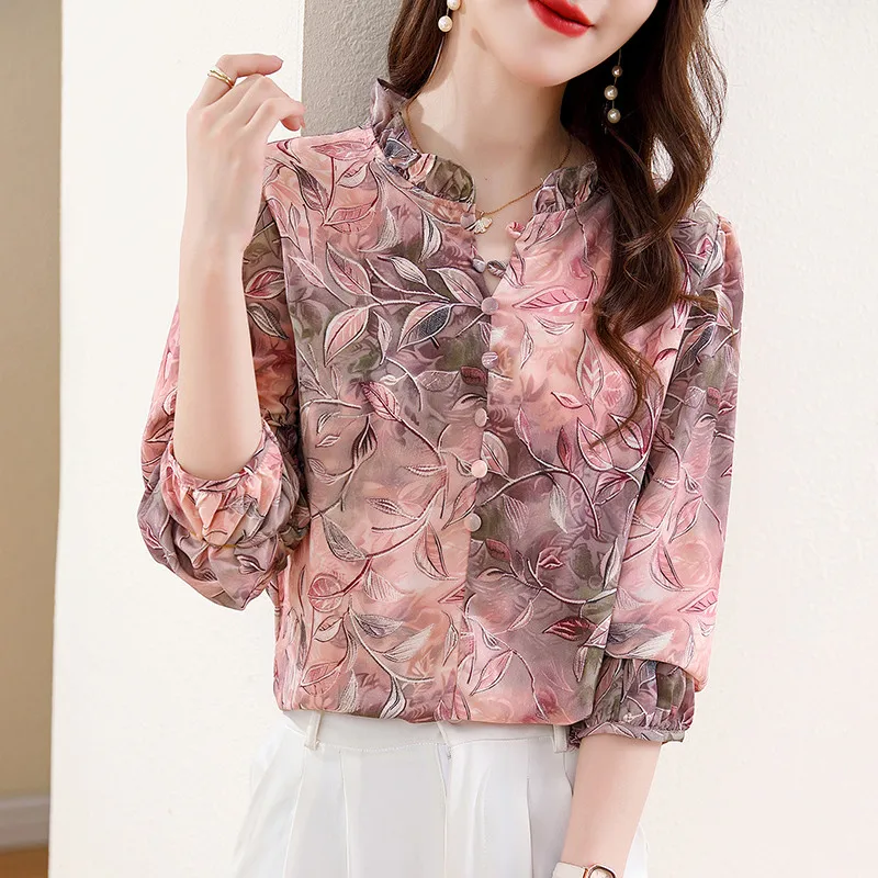Modna koszula damska w stylu koreańskim z długim rękawem i nadrukiem z szyfonu