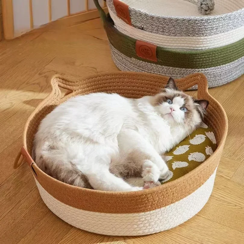 

Japanese Pet Cat Bed Round Hand Woven Rattan Cat Beds Summer Cooling Kitten Basket Cotton Rope Cat Scratching Baskets