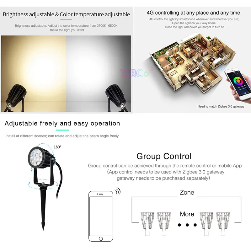 Miboxer 6W RGBCCT LED Garden Lights Waterproof IP66 Smart Outdoor Lawn Lamp FUTC04ZR Zigbee 3.0 gateway/2.4G RF Remote Control