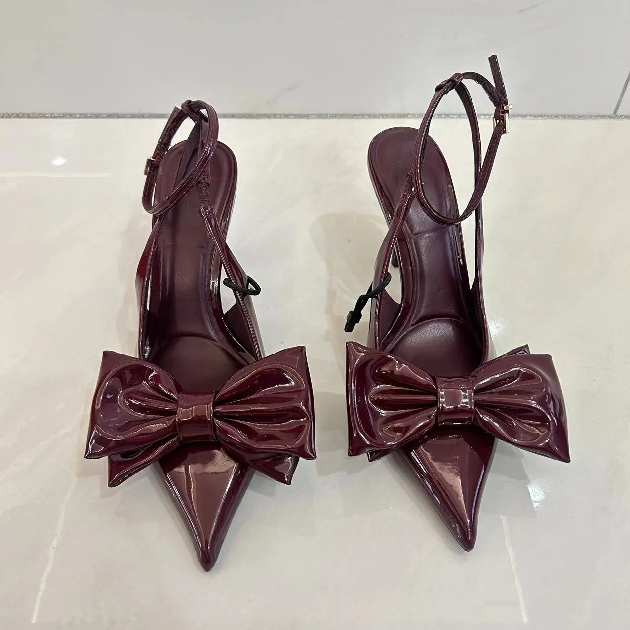 Zafetou  Red Lacquer Leather High Heels Fashion Bow Pointed Toe Slingback Women’s Sandals 2024 Autumn Wedding Stiletto Heels