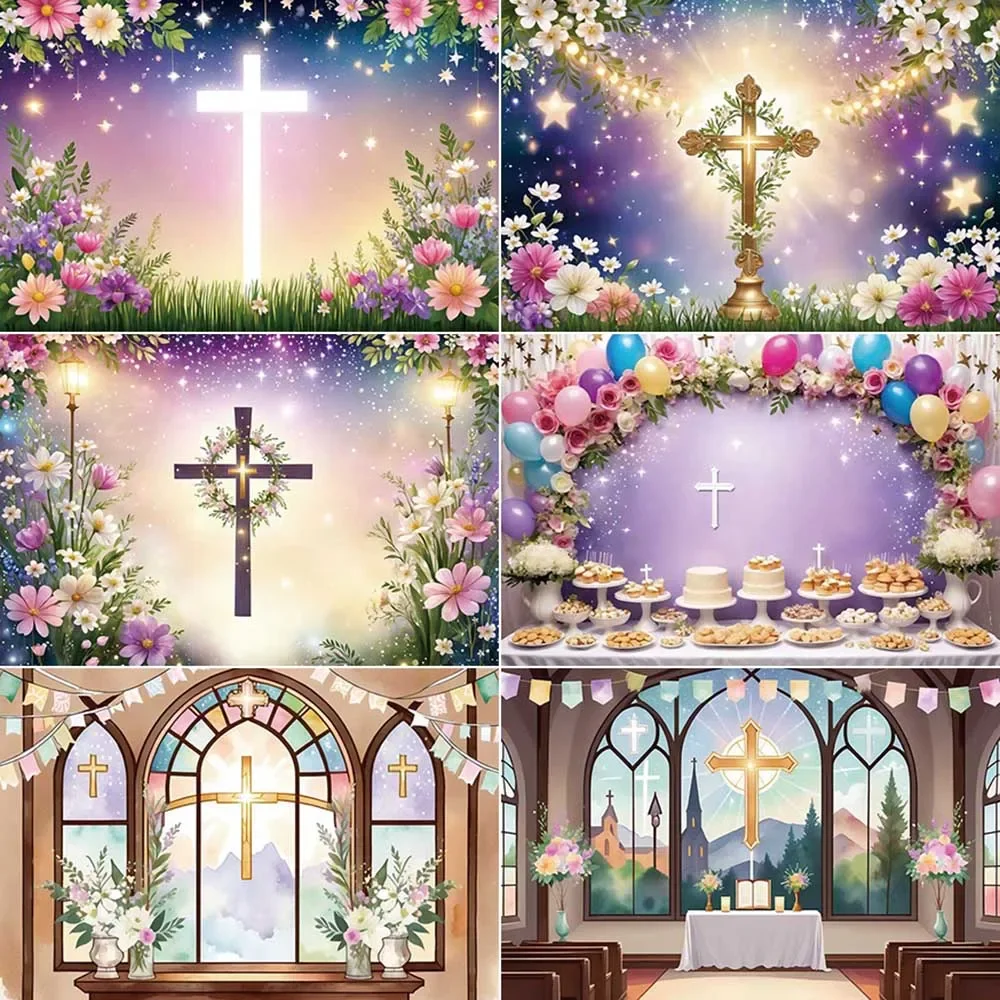 

MOON.QG First Holy Communion Photography Backdrop God Bless Cross Flower Photocall Background Children Studio Photobooth Props