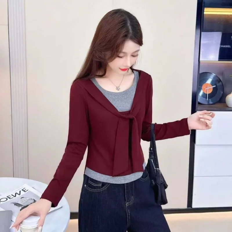 

Новинка 2025, осенняя искусственная шаль из двух частей, цветная футболка с длинными рукавами, модный стильный верхний топ Ins