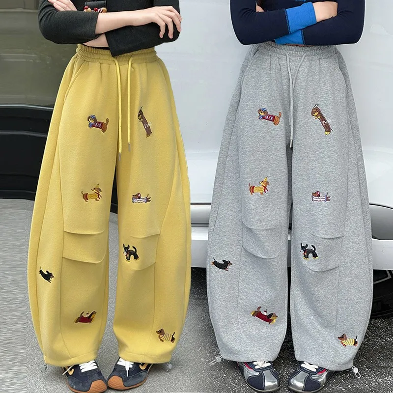 2026 Autumn Kids Girls Clothes Cute Embroidery Cartoon Dogs Pants Sweatpants Girls Baggy 4 5 6 7 8 9 10 11 12 13 14 Years Old