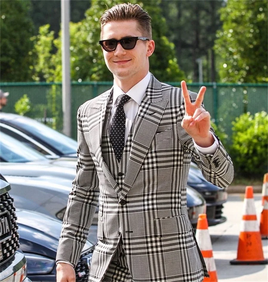 Traje a cuadros grises para hombre, ropa informal de oficina, esmoquin ajustado, 2 piezas (Blazer + Pantalones), botonadura única, Formal, para graduación y noche, hecho a medida