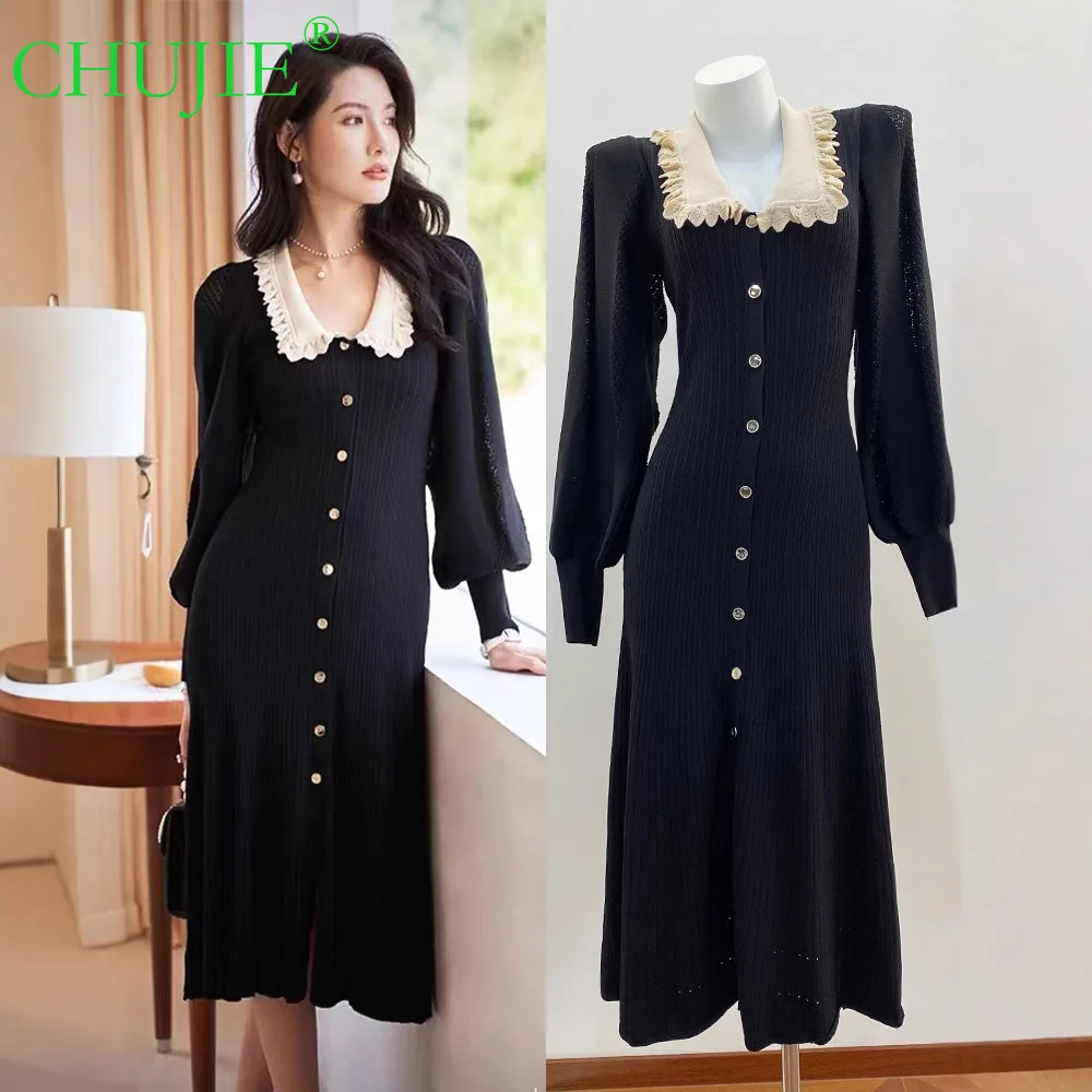 CHUJIE 秋冬春新作 フレンチスタイル ファッション エレガントドレス 高級感 ニットロングワンピース パフスリーブ付き
