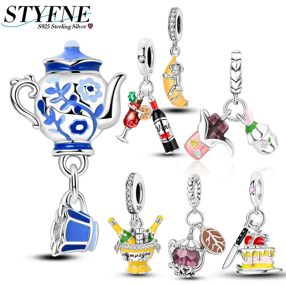 925 Sterling Silver Vintage Blue and White Porcelain Teapot Tea Cup Beaded Charm Fit Original Bracelet Jewelry Gift