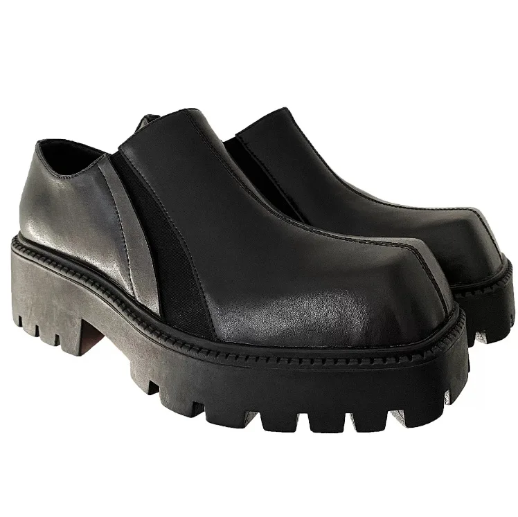 High-end Cowhide Thick-soled 5CM Loafers Men\'s 2024 New Retro One-pedal High Street Style Square Head Leather Shoes