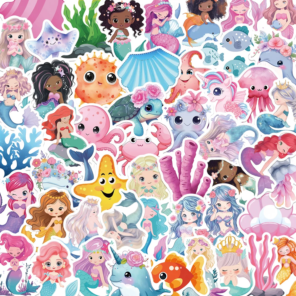 

50Pcs Cute Cartoon Marine Life Mermaid Graffiti Sticker Waterproof DIY Clip Book Luggage Guitar Helmet Refrigerator Bottle Decal