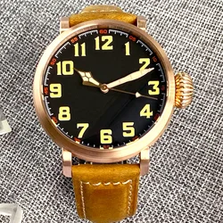 Tandorio 46.5mm Japan NH35A/PT5000 Auto Men Watch Military Big CUSN8 Solid Bronze Leather Strap Sapphire Glass Green Luminous