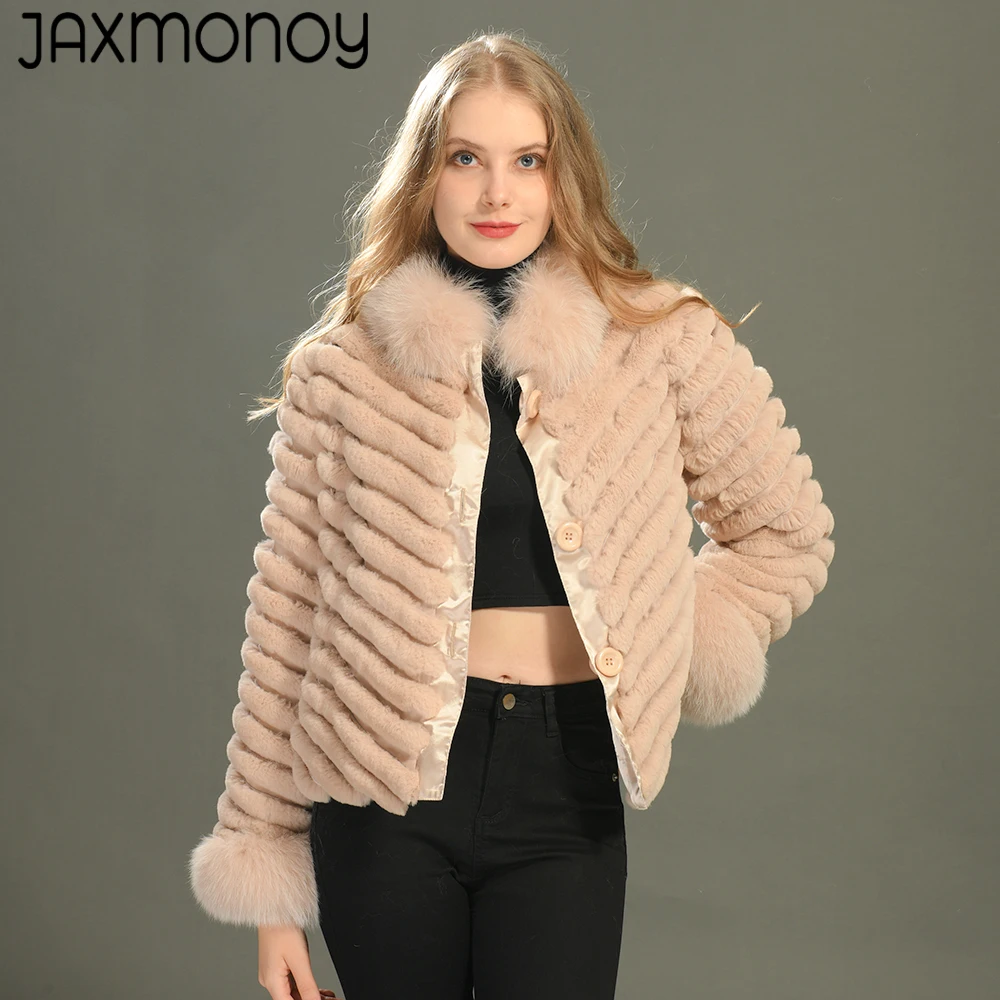 Jaxmonoy Women's Real Rabbit Fur Coat Real Fox Fur Collar And Cuffs Winter Fashion Warm Reversible Fur Jacket Ladies Casaco Fall