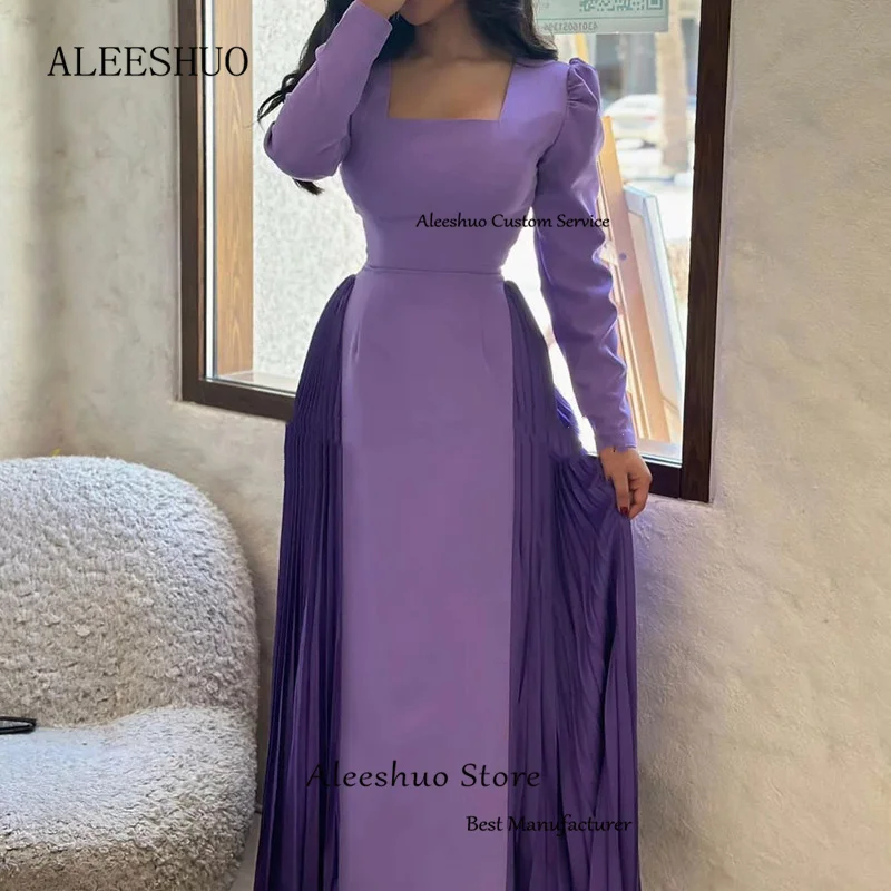 Cleeshuo-Robe de Rhdroite violette classique, manches longues, robe de soirée plissée, col carré, robe de soirée formelle, longueur rinçage, Arabie Saoudite