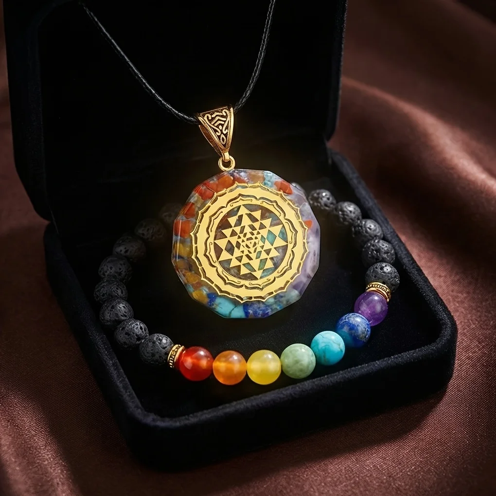 4PCS Flower of Life Natural Stone Crystal Jewelry Set | Natural Stone Bracelet + Sri Yantra Symbol Orgonite Pendant + Necklace +