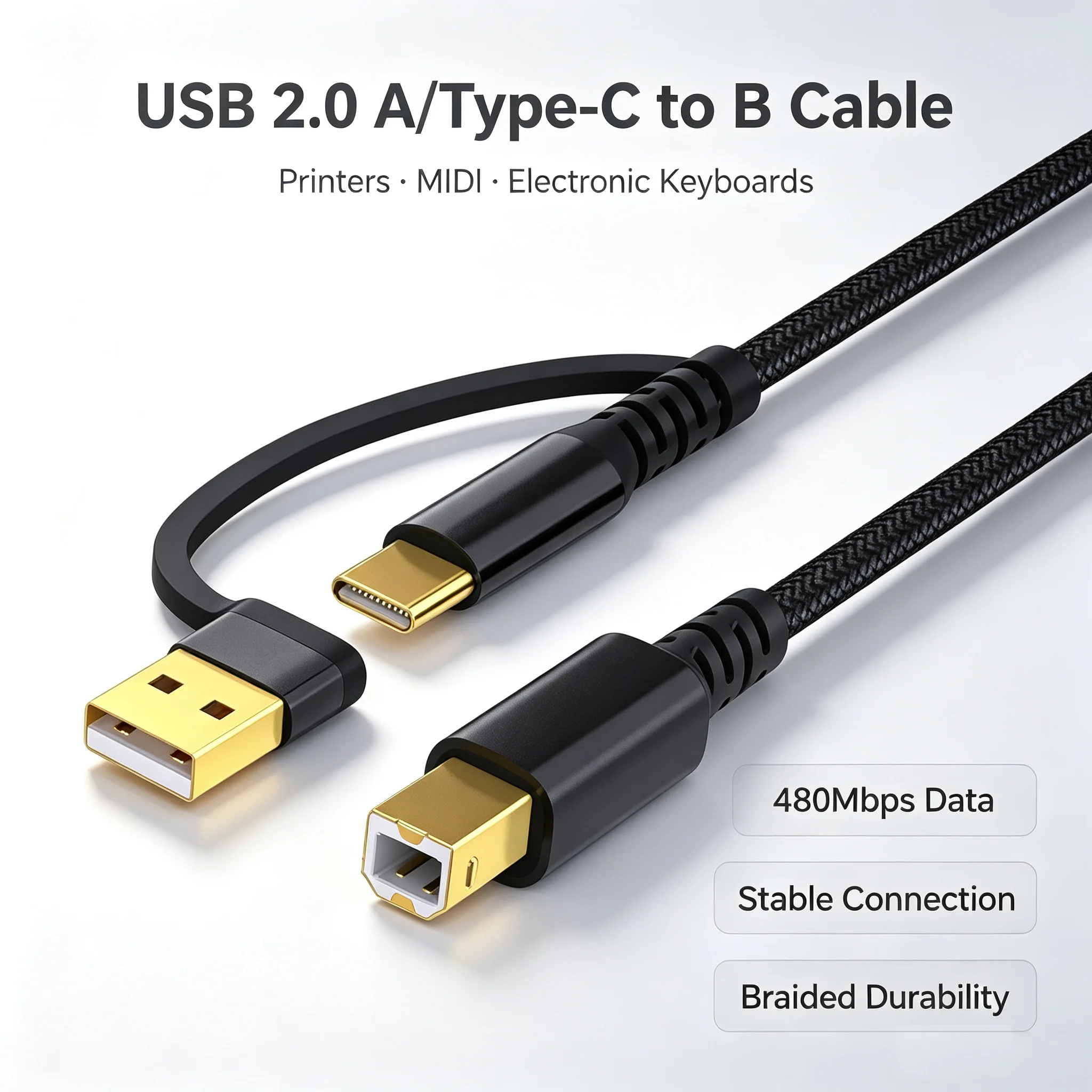 2‑in‑1 USB‑A & Type‑C to USB‑B Cable, Printer MIDI Data Wire Compatible with Macbook Pro Canon HP Dell Epson Lexmark Controller