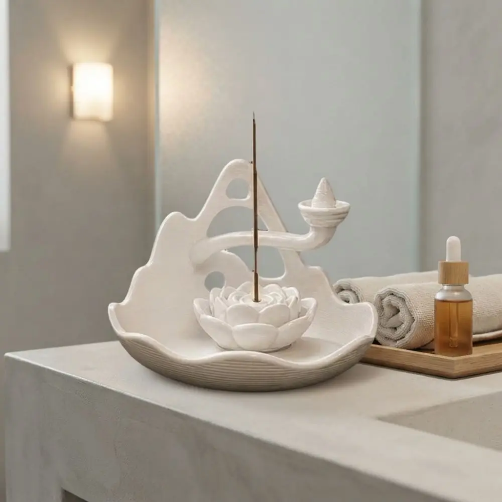 3D Printed 3 In 1 Incense Holder Mountain Lotus Design Hollow Out Backflow Incense Burner Plastic Decorative