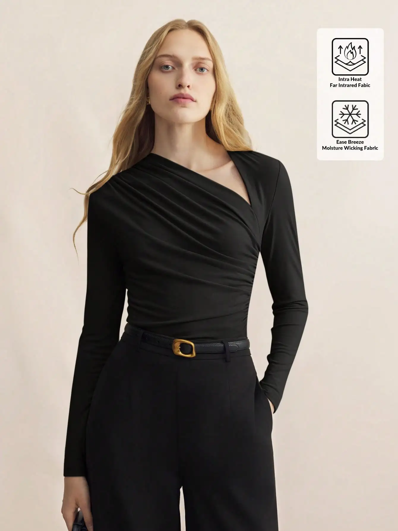 

Black Asymmetrical Draped Long Sleeve Fitted Top for Office or Casual Wear