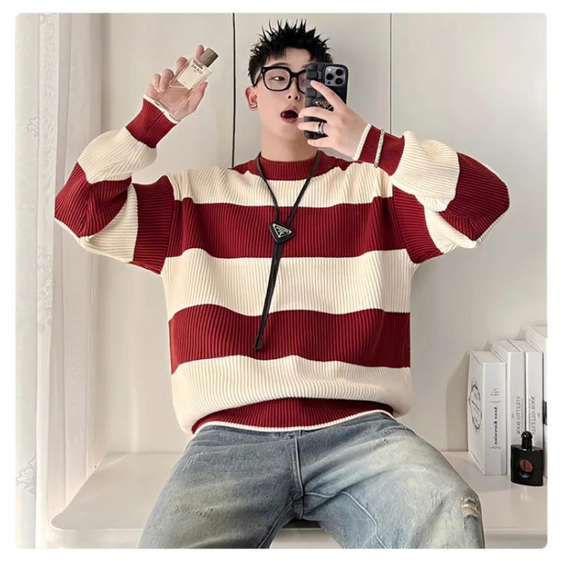 Men's Round Neck Long Sleeve Pullover Contrasting Color Threaded Sweater Knitted Casual Fashion Top