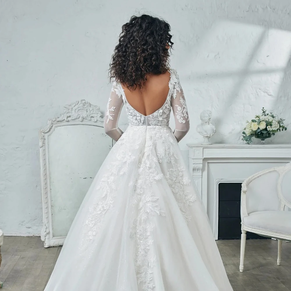 Wedding Dresses A-line long-sleeve V-neck Vestido De Noiva Elegant Lace Appliques Bridal Gown Open Back Sexy court-train