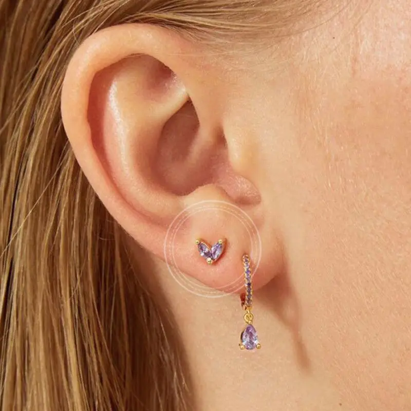 925 Sterling Silver Needle Luxury Purple Zircon Heart Stud Earrings For Women Fashion Geometry Pendant Gold Earring Fine Jewelry