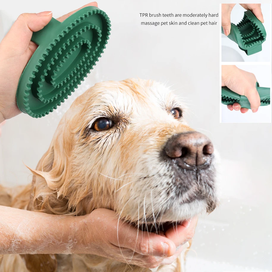 

Green Pet Bath Scrubber Pet Comb With Handle TPR Cat Brush Massage Dogs Grooming Brush Hair Removing For Cats Dog Bathing Tools