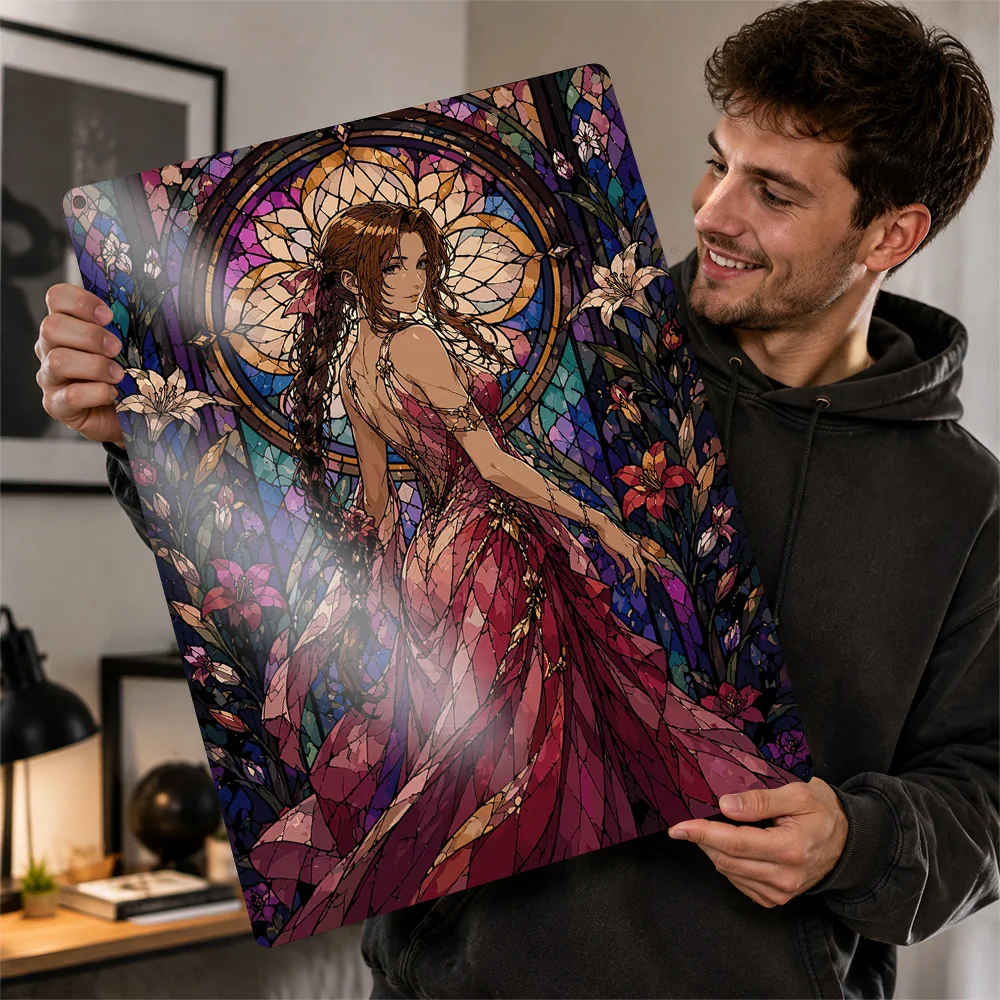 Stained Glass Aerith in Pink Dress Poster Retro 3D Printed Metal Signs Customized Wall Hanging Gift for Room Decor Wand Deko