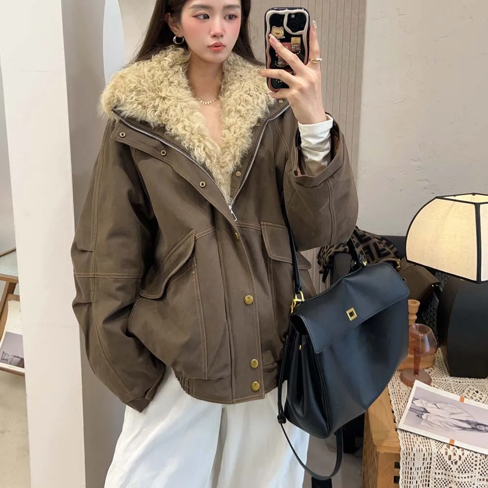 2025 Herfst Winter Mode Vrouwen Jassen Losse Casual Lamswollen Jas Dikke Warme Vrouwelijke Overjas Ganzendonsjack