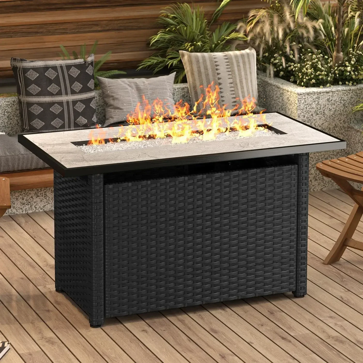 طاولة حفرة نار تعمل بالغاز مقاس 45 بوصة، حفرة نار من البروبان مع صخور زجاجية، غطاء مقاوم للماء وروطان البولي ايثيلين، حفر نيران للفناء الخارجي للفناء الخلفي