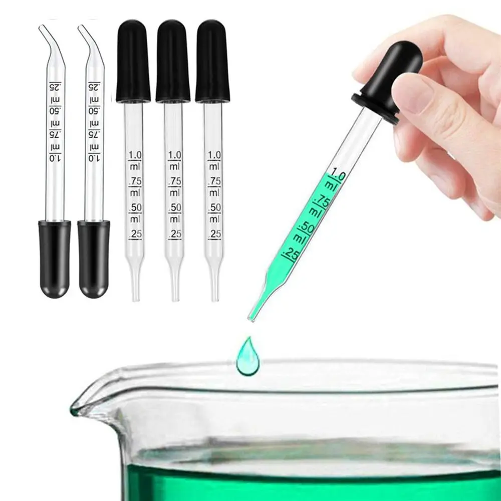 7Pcs 1Ml Glass Scale Dropper Rubber Head Scale Pipette Dropper Straight or Elbow Essential Oil Bottle Straw Lab Supplies