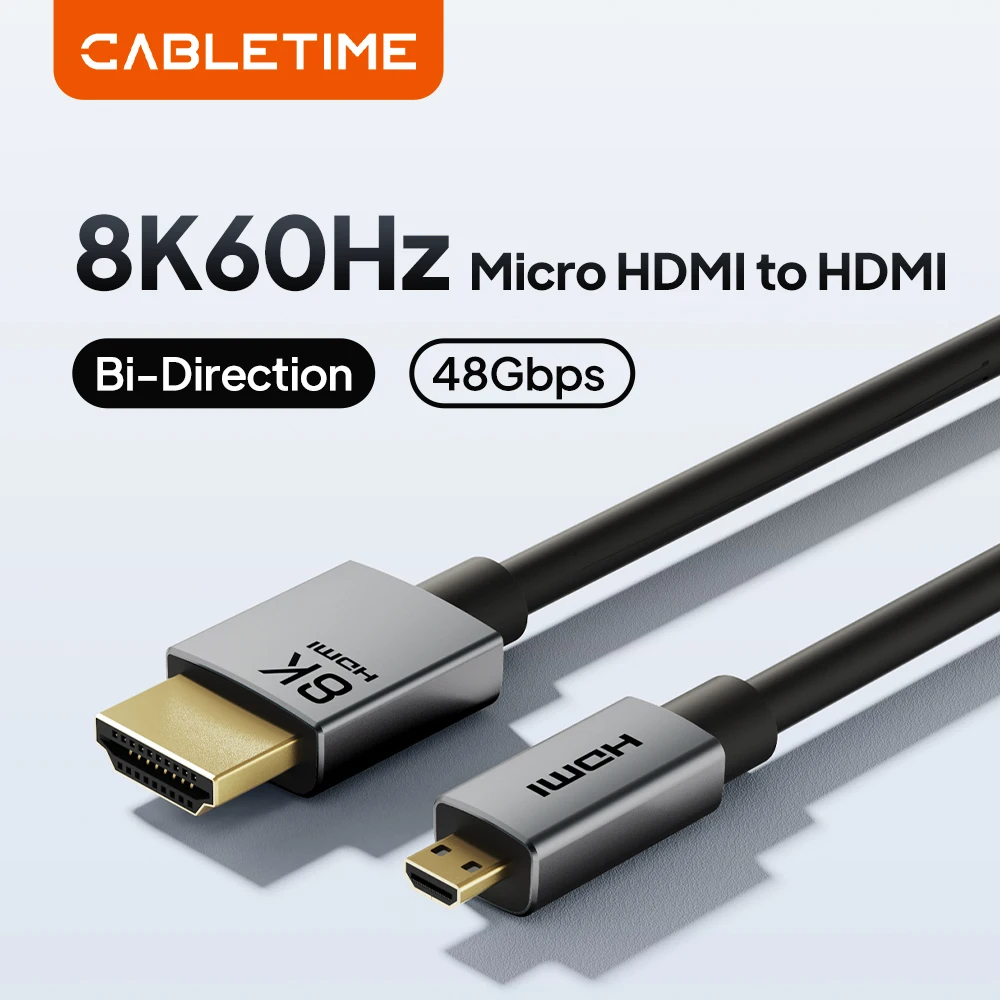CABLETIME Micro HDMI Cable HD 8K 60Hz High-Speed Braided HDMI 2.1 to Micro HDMI Cord Compatible for  GoPro Sony Projector