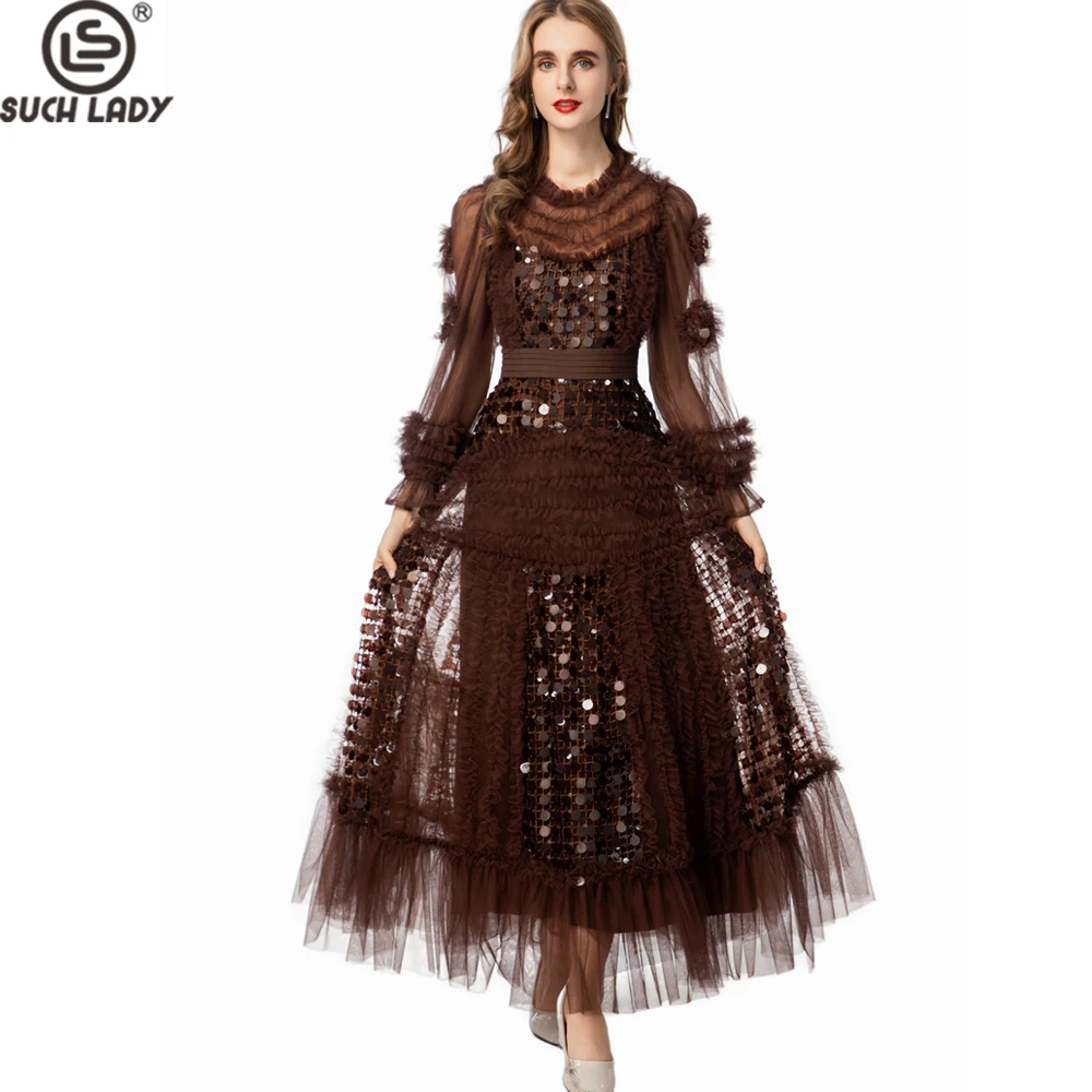

Women's Glamorous Cocoa Brown Sequin-Embellished Long Sleeve High Neck Tulle Maxi Dress with Ruffle Trim