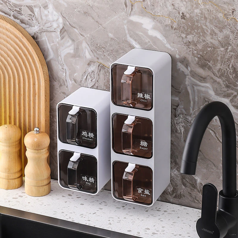 Wall Mount Seasoning Organizer Box Set Salt Shaker Spice Rack Compartment Storage Box Sugar Container Jar With Spoon for Kitchen