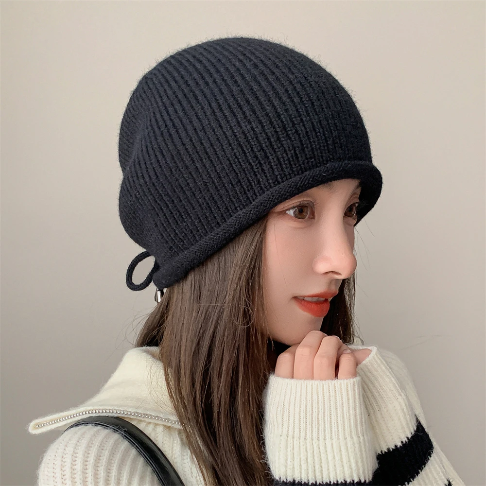 Korean Version New Autumn Winter Knitted Hat Women's Ear Protection Warm Fashionable Cap Lace-up Solid Color Soft Knitting Hats