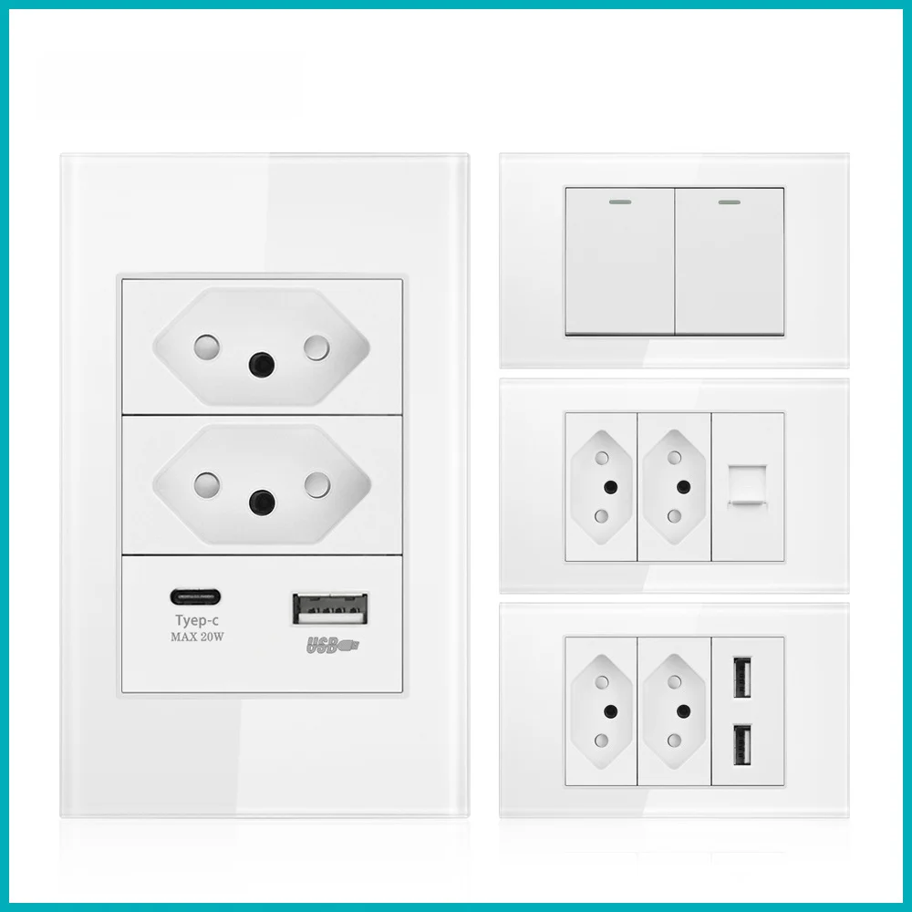 South American three-hole with USB chargable wall socket with mobile phone three-position 118 type white Brazilian round hole...