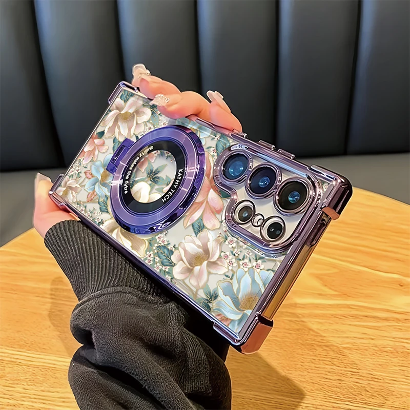 Phone Case For Samsung Galaxy A54 A13 A24 A14 A34 A73 A53 A33 5G A23 4G Floral Flower Print Shockproof Bracket Plating Cover
