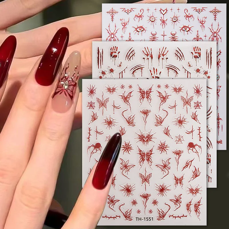 1pc 3D Red Skeleton Hand Nail Art Stickers Press On Nails Self Adhesive Halloween Nail Decals Festive Atmosphere Decorations