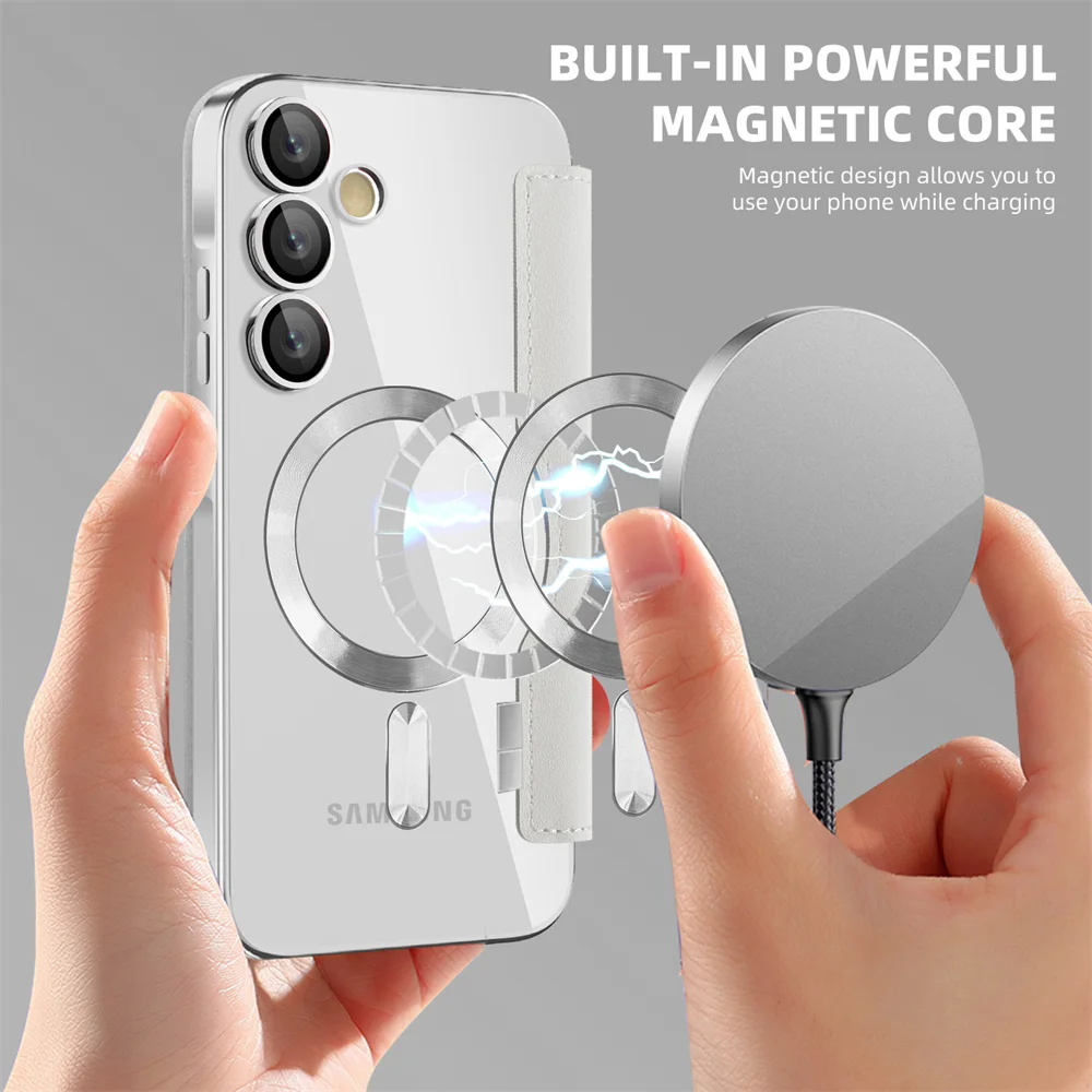 Luxury Flip Leather Card Clip Magnetic Phone Case for Samsung S26 S25 Edge S24 S23 Ultra S22 Plus A55 A35 Clear Wallet Cover