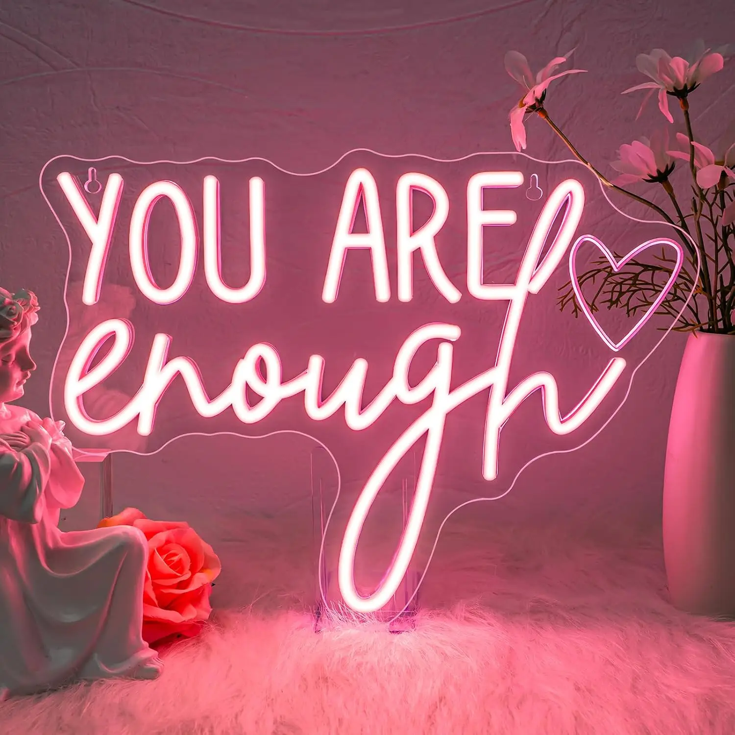 

Неоновая вывеска «Ты Enough» с регулируемой яркостью, светодиодная цветная неоновая подсветка в форме сердца для спальни девочки, центра психического здоровья, кабинета консультаций, декора стен офиса
